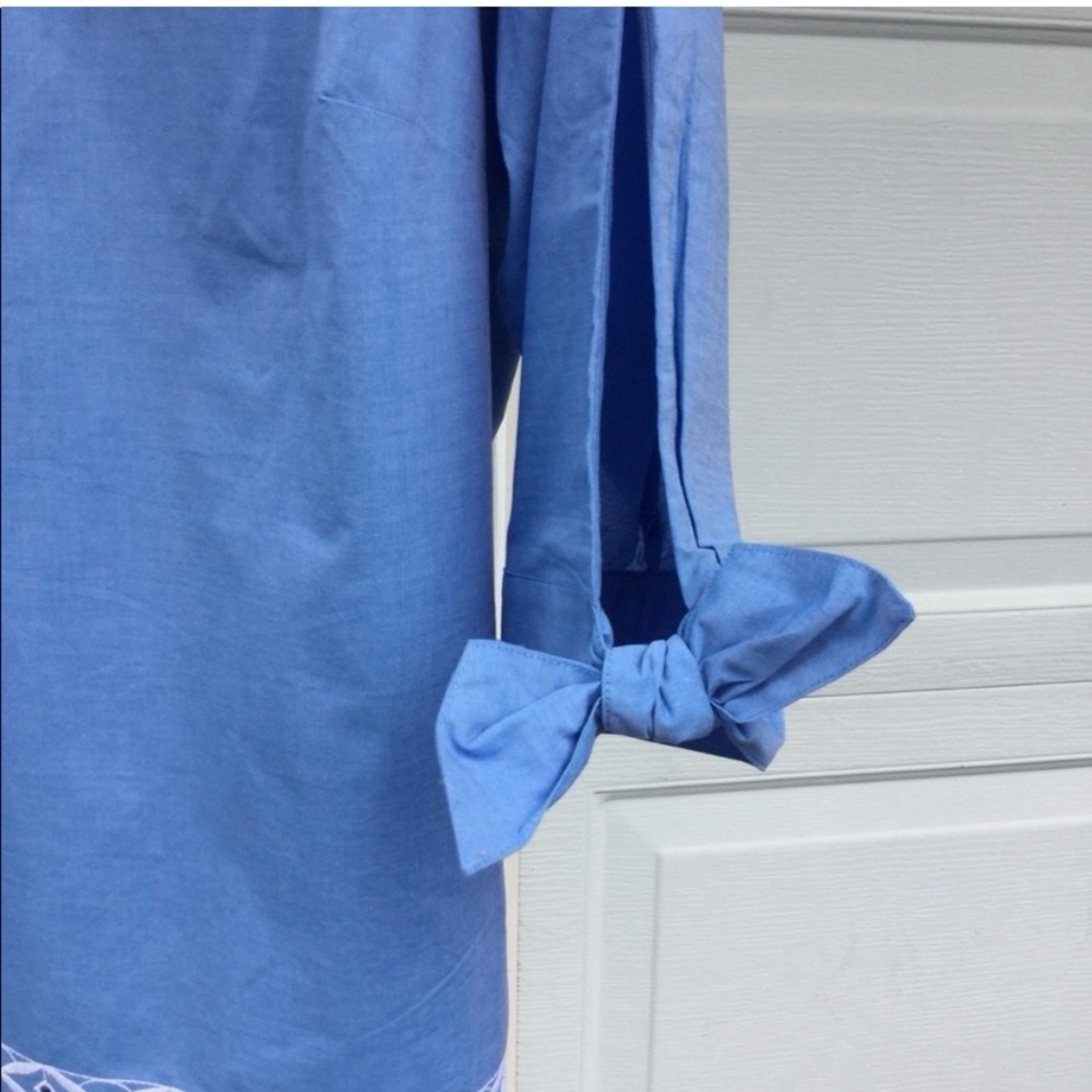 Talbots Fun Blue White Embroidery Tie Sleeve - Picture 2 of 4